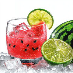 Poster - Watermelon lime ice glass beverage refreshing summer drink cold fruit sparkling cocktail slice juicy bright vibrant fresh seed