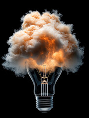 Poster - Cloud fire light bulb smoke explosion creativity surreal glowing energy concept. glowing cloud of fire and smoke erupts from