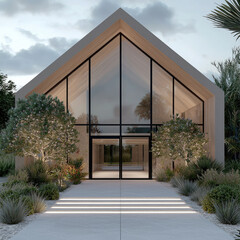 Aufkleber - Modern house, gable roof, large glass window, wooden facade, minimalist, outdoor garden, evening light