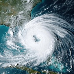 Wall Mural - Satellite view of a large hurricane over the ocean and coastlines showing the eye and swirling clouds aerial shot