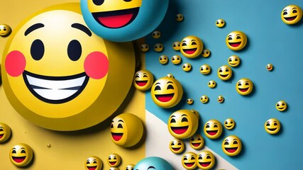 Poster - A wall covered in various smiling faces, including one with a blue face in the middle
