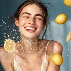 Poster - Smiling woman with fresh lemon, splashing juice, joyful expression, healthy lifestyle, summer vibe