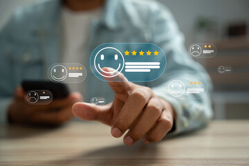 Canvas Print - Users rate service experiences on online application for customer feedback and satisfaction for enhanced service, Quality service evaluation Through customer satisfaction surveys on online platforms.