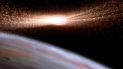 Wall Mural - Golden galaxy with starry sky, planetary surface, cosmic rays and bright explosion of light in deep space, science fiction concept