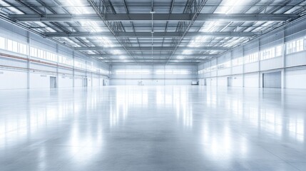  Spacious, bright industrial warehouse interior with polished concrete floor and high ceiling.