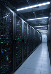 Poster - huge futuristic server room . Generative AI