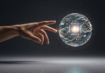 Poster - the human hand reaches out to the energy of artificial intelligence . Generative AI