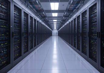 Poster - huge futuristic server room . Generative AI