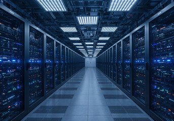 Poster - huge futuristic server room . Generative AI