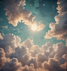 Canvas Print - retro sky, distressed paper, geometric clouds & stars , photo, grunge, distressed