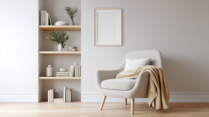 Aufkleber - Modern living room interior with wooden frame for photo mockup on wall, cozy armchair, soft blanket, and minimalist decor create calm and inviting atmosphere