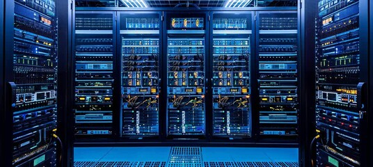 Fototapete - Server data rack machine. Hardware computing infrastructure system. Generative video AI technology.	
