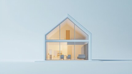 Poster - a minimalist white house with glass walls showcasing interior furniture and layout