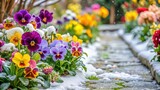 Snowy garden scene with vibrant winter flowers including pansies