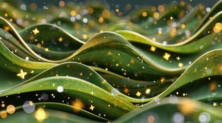 Poster - green wavy textured surface with golden sparkles