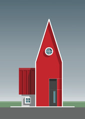 Poster - red cottage house. simple traditional house exterior in minimal style. architecture schematic design