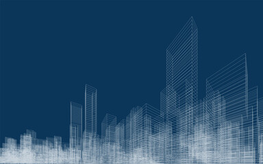 Poster - 3d wireframe perspective of building. abstract wireframe city background for template design. vector