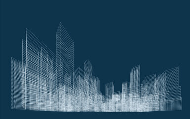 Poster - 3d wireframe perspective of building. abstract wireframe city background for template design. vector