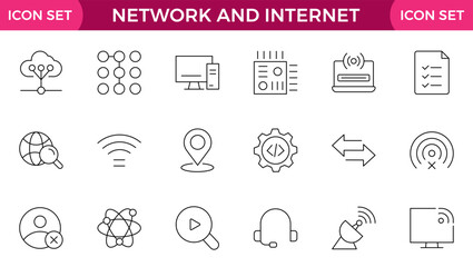 Wall Mural - Network and Internet outline icons. linear icon collection for online, computer, network, website, server, web design, hardware, software, and programming. Solid icons illustration collection.