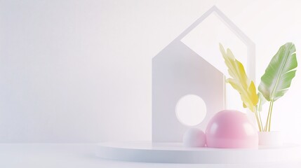 Poster - Minimalist 3D Rendering with Geometric Shapes and Tropical Plant Accents on a Podium