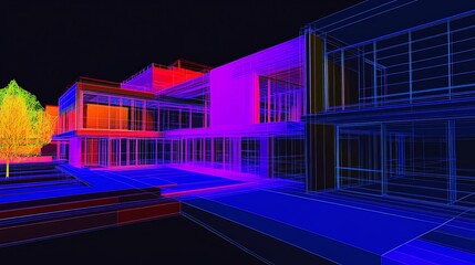 Aufkleber - Architectural rendering of a modern house with vibrant colored wireframe overlay on black background