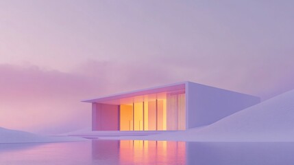 Poster - minimalist modern architecture with warm light and soft pink and purple hues at dusk
