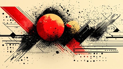 Leinwandbilder - Abstract Red and Yellow Spheres with Splatter and Geometric Lines Design
