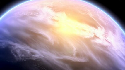 Wall Mural - Planet with swirling atmospheric clouds and glowing sunrise in deep space, creating celestial and dreamy abstract atmosphere