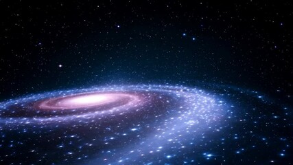 Wall Mural - Spinning spiral galaxy animation displays a vibrant array of stars and nebulae with bright center and a deep space background view of cosmic galaxy