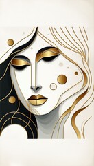 Poster - Elegant abstract art piece showcasing a stylized woman's face with flowing hair, intricate lines, and golden accents on neutral background