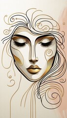 Poster - Artistic depiction of a woman's face with flowing lines and gold accents capturing elegance and beauty