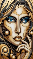 Poster - Artistic portrayal of a woman's face with intricate gold and blue details and modern design elements