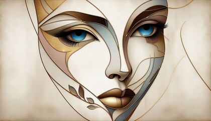Poster - Abstract portrait with intricate design and striking blue eyes displayed against a neutral background