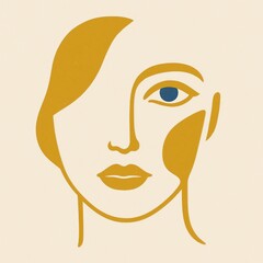 Poster - Stylized portrait of a woman with blue eye and warm tones on a neutral background created in a minimalistic art style