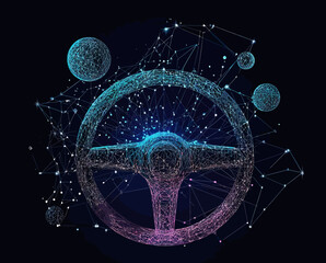 Poster - Abstract futuristic steering wheel composed of glowing wireframe network with connected points and orbiting planets in dark space background digital vector illustration