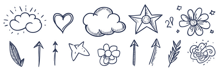 Poster - Hand drawn sketch doodle set of stars arrows clouds hearts flowers feathers and decorative elements line art vector illustration simple minimalist style