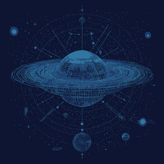 Poster - Futuristic holographic wireframe of Saturn with rings surrounded by orbiting planets and starry cosmic background in blue digital visualization style
