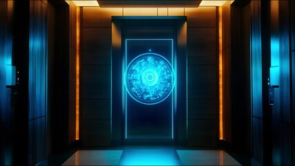Poster - Illuminated portal with glowing blue circle in a futuristic hallway