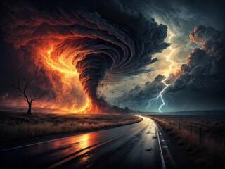 Poster - dramatic landscape of huge tornado with fire near the road and flashing lightning in black clouds . Generative AI