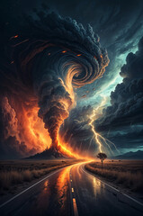 Poster - dramatic landscape of huge tornado with fire near the road and flashing lightning in black clouds . Generative AI