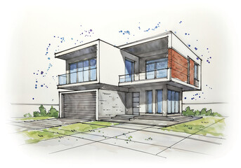 Poster - Watercolor drawing of architectural model of modern building . Generative AI
