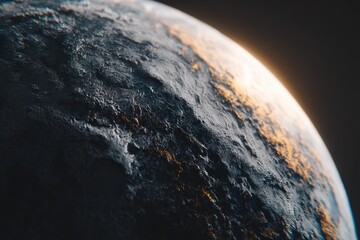 Wall Mural - close-up view of a textured, dark gray celestial body with hints of light