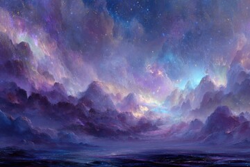 Wall Mural - ethereal landscape painting of starry sky and cloudscape with dreamlike atmosphere in digital art st