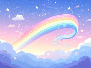 Wall Mural - dreamy pastel sky with rainbow bridge stars and clouds whimsical illustration fantasy landscape