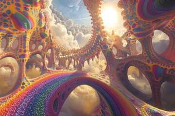 Wall Mural - surreal rainbow bridge ascending to sky with clouds and sun, abstract fractal architecture, colorful