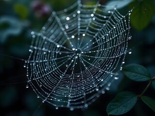 Morning nature's spiderweb, a wet trap of delicate design, glistens with dew drops in a macro closeup
