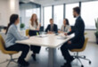 © Adi - having a meeting in a blurry office, the atmosphere of a group of people having a meeting in a natural-themed, modern office with a wooden table, with a blurry office background