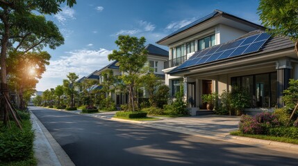 Fototapete - A row of suburban houses with solar panels under bright sunlight 