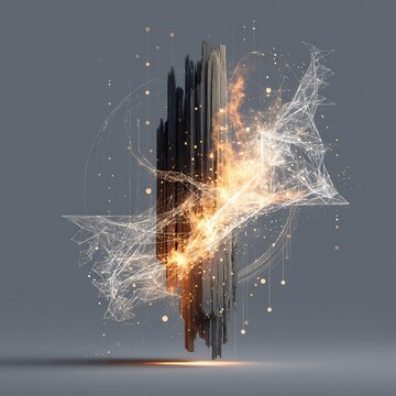 Abstract particle formation coalescing around textured organic structure with light
