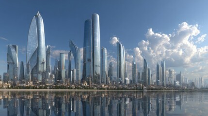Fototapete - City skyline with modern solar-integrated skyscrapers 